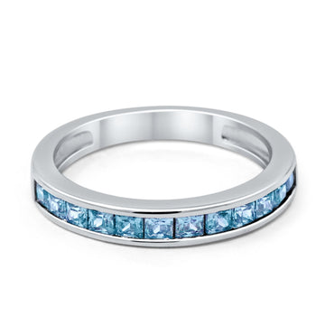 Half Eternity Band Wedding Ring Simulated Aquamarine CZ  925 Sterling Silver